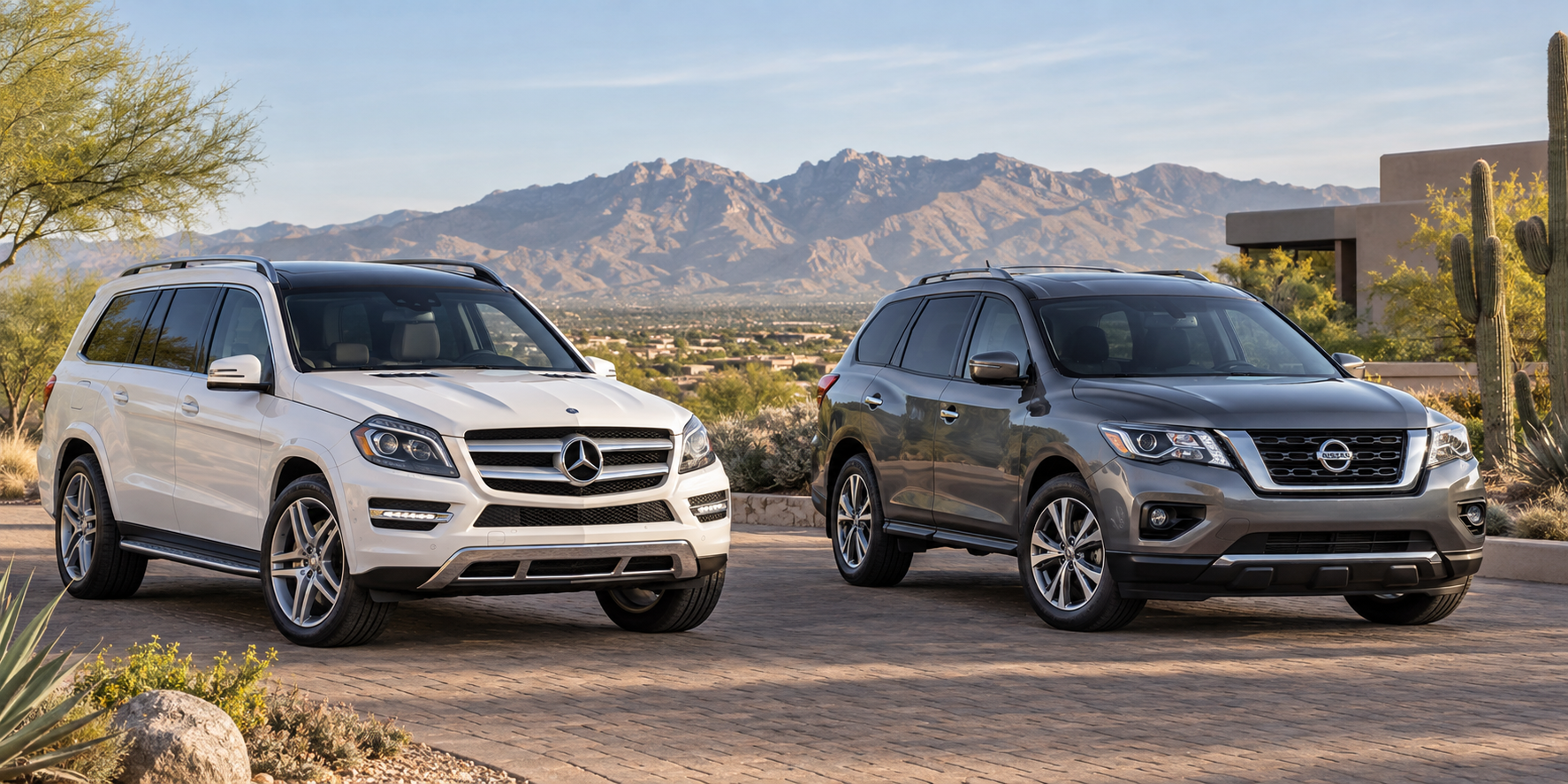 White Mercedes-Benz GL450 and gray Nissan Pathfinder Platinum in Tucson